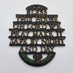 Wilton Cast Iron Trivet Bless This House Prayer Black Gold Vintage Decor